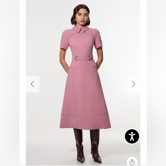 KAREN MILLEN Compact Stretch Tab Detail Full Skirted Midi Dress Dusty Pink NWT - Picture 1 of 15
